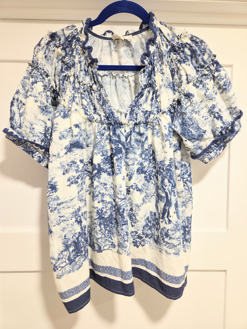 Umgee Blue Toile Print Ruffle Puff Sleeve Blouse Top Small Cottagecore Boho